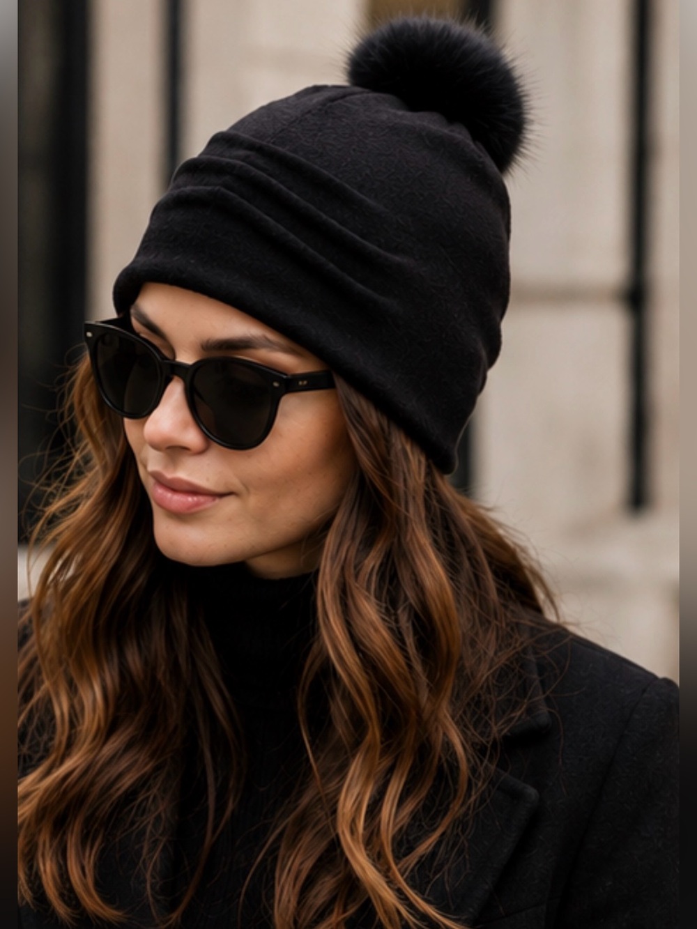 Helene Berman Black Wool Beanie Hat Real Fox Fur Pom Pom Pleated Detail